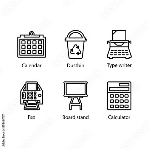 Calendar, Dustbin, Type writer, Fax, Board stand, Calculator, icon