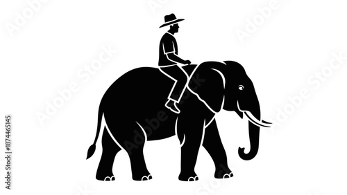 Black silhouette of a man riding an elephant isolated on white.