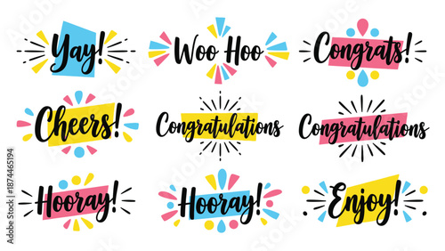 A colorful celebration graphic with congratulatory phrases and festive designs