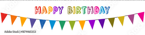 Happy Birthday card with colorful paper garlands and confetti. Vector illustration.