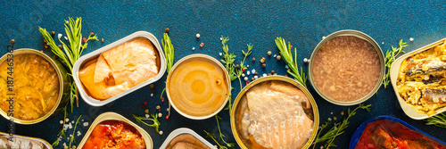 Obraz  z motywem A top view of open tin cans with canned salmon, mackerel, sprat, sardine, tuna, herring, and fish pate, surrounded by spices and herbs on a blue background, banner