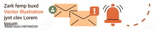 Communication, digital messaging, email alerts, information sharing, online notification, user prompts. Two envelopes with alert symbols and a ringing bell. Communication and digital messaging