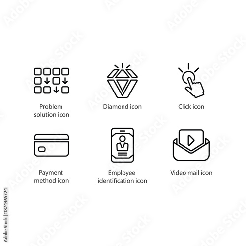 Problem solution, Diamond, Click, Payment method, Employee identification, Video mail, icon