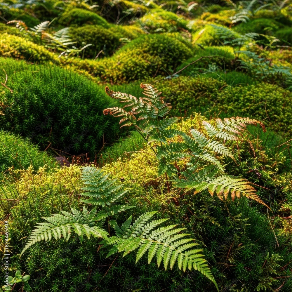 Fototapeta premium Dense, vibrant forest floor covered in lush moss and ferns, illustrating untouched natural beauty and healthy ecosystem growth, vibrant, tropical, flora