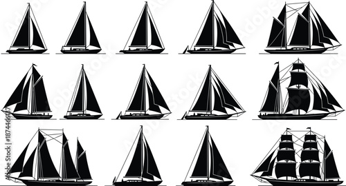 Large Collection of Sailboat Silhouettes Featuring Yacht Models and Sailing Vessels for Maritime Travel, Nautical Design, Ocean Transportation Projects, and Professional Vector Illustration Elements
