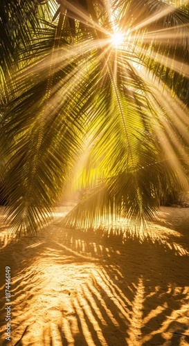 Sunlight filters through dense palm fronds high above, creating dappled shadows and evoking a warm, perfect tropical getaway atmosphere, leaves, pattern, scenic