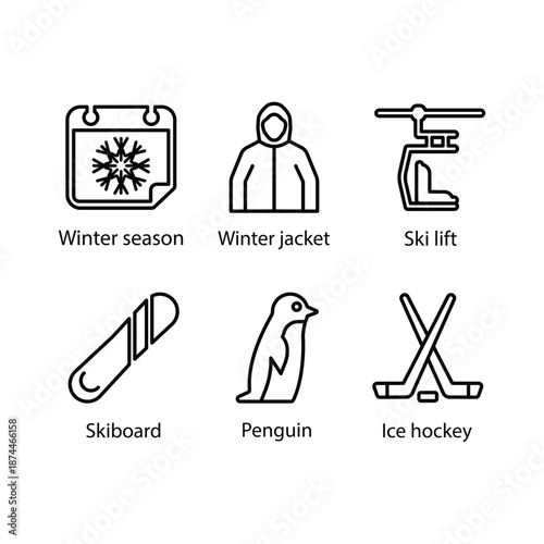 Winter season, Winter jacket, Ski lift, Skiboard, Penguin, Ice hockey, icon