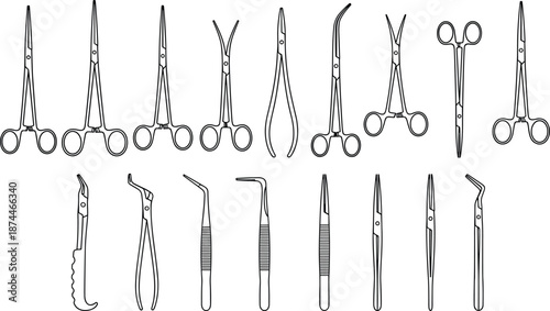 Large Collection of Surgical Instrument Line Art Featuring Medical Scissors, Forceps, and Tweezers for Healthcare, Hospital, Dental Clinic Design and Professional Vector Illustration Elements