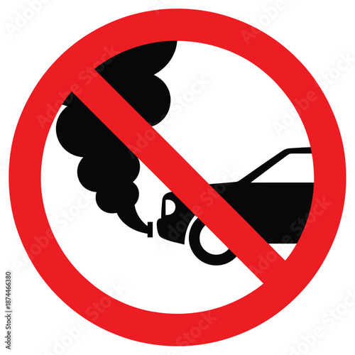 A bold red prohibition sign indicating no vehicle emissions with a stylized black car emitting dark smoke