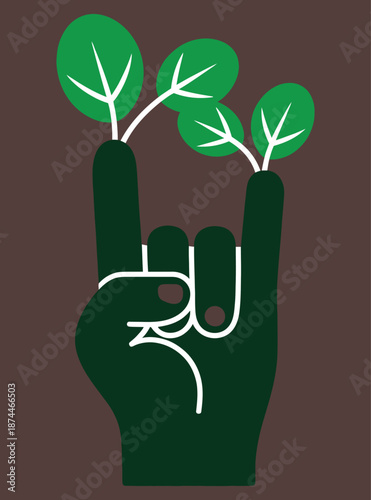 Green hand in rock and roll gesture with leaves growing from fingers symbolizing environmentalism and natures strength