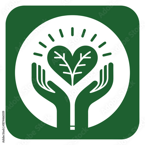 Illustration of two cupped hands holding a heart shaped green leaf with branches radiating light symbolizing growth and care for nature
