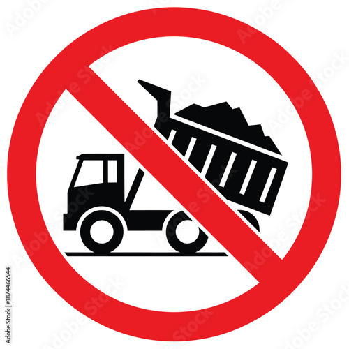 No dumping sign showing a silhouette of a tipper truck loaded with debris within a red prohibition circle and crossbar