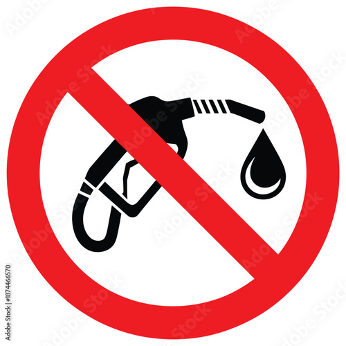Prohibition sign depicting a stylized gasoline nozzle with a dripping fuel drop and a red circle with a diagonal line across it signifying no