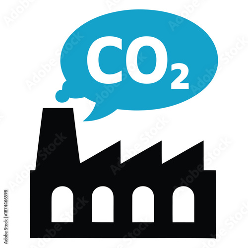 Industrial factory silhouette emitting carbon dioxide gas represented in a blue speech bubble for environmental impact and pollution concepts