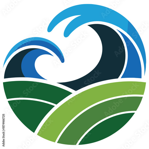 Stylized blue ocean waves crash over rolling green hills in a circular abstract design symbolizing nature and environmental harmony