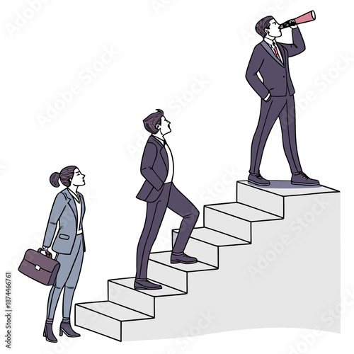 Business leaders on stepped platforms looking up and ahead