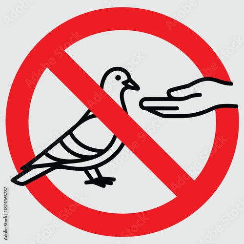 Stylized line art illustration of a pigeon and a hand inside a red prohibition sign indicating no feeding of birds