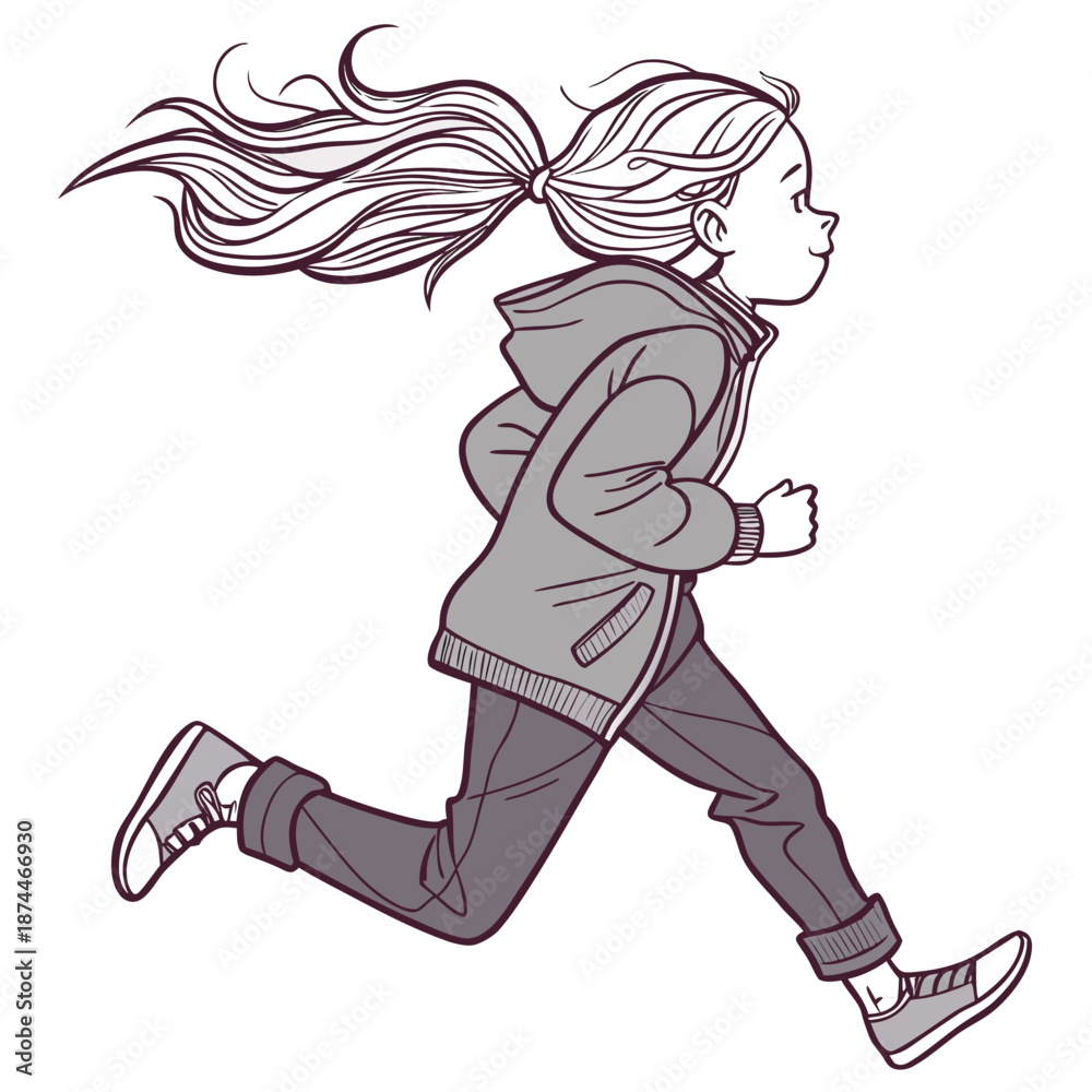 Fototapeta premium Girl running with long hair flowing behind her in a ponytail