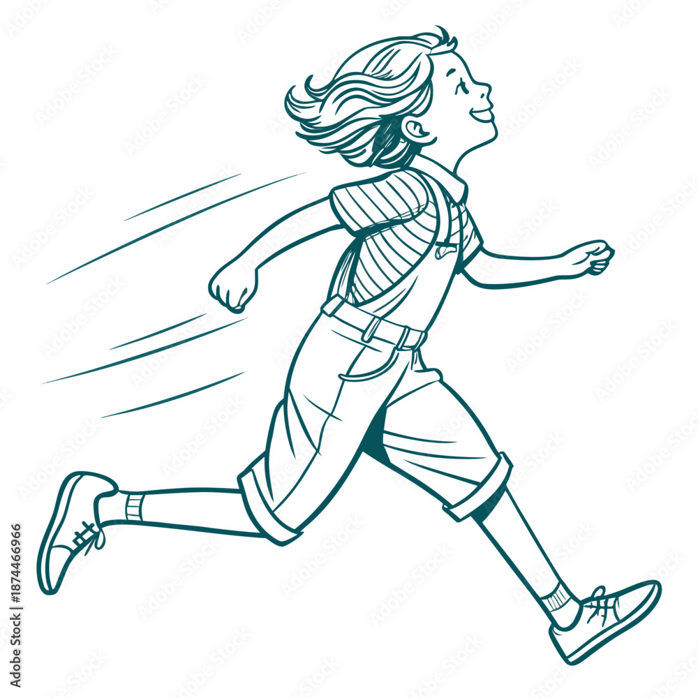 Fototapeta premium Child running carefree with motion lines cartoon