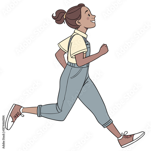 Girl running in gray overalls and sneakers exercise
