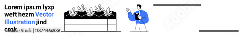 Education, presentation, botany, communication, gardening, workplace. A man gestures toward potted plants and placeholder text. Education and presentation concepts illustrated with an interaction