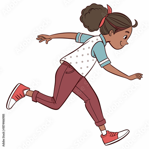 Girl running sideways with arms outstretched brown hair red shoes