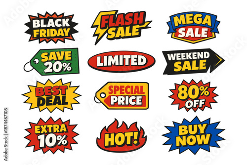 Colorful sale badges featuring black friday, flash sale, mega deal, and special offers