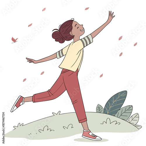 Carefree female child skipping forward with arms spread