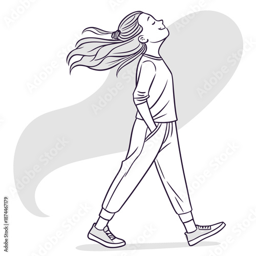Girl jogging with flowing hair and relaxed pose carefree