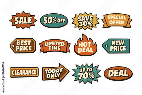 Colorful discount stickers: sale, special offer, best price, limited time, hot deal, clearance