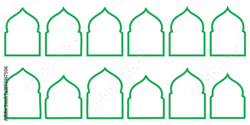 Green islamic arch shapes in two rows on white background for design and decoration purposes  simple elegant mosque or arabian architecture elements