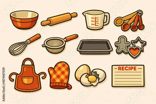 Baking utensils and ingredients collection with measuring tools and cookie cutters