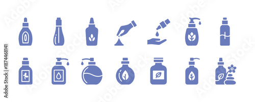 A vector set of icons for massage oils. This collection showcases a variety of bottles and containers, featuring a perfume bottle, a lotion bottle, and a medicine bottle.