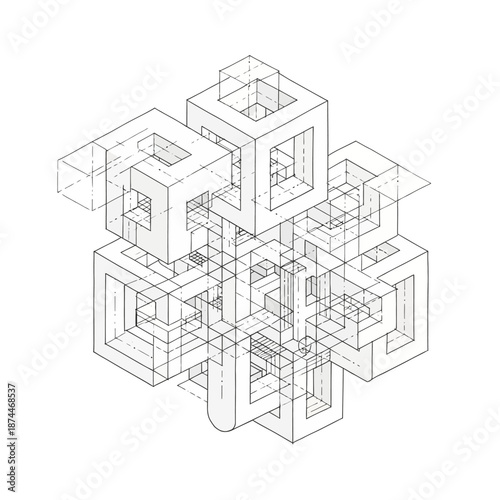 Detailed isometric illustration of complex interconnected 3d cube structures with multiple layers and hollow centers on a white background with graphic