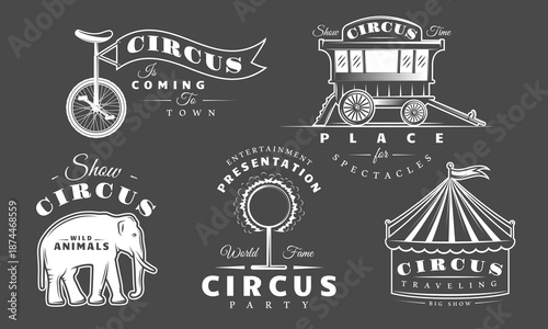 Circus logo set shows a striped tent, wild elephant, vintage wagon, fire hoop and unicycle with flag isolated on black. Vintage carnival and circus branding or festival decoration. Vector illustration