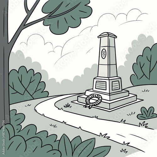 Memorial monument with wreath on path in park tree