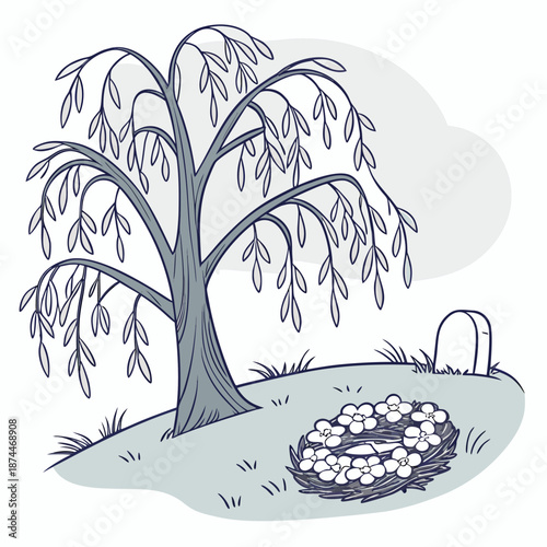 Gray willow tree with white flowers and tombstone