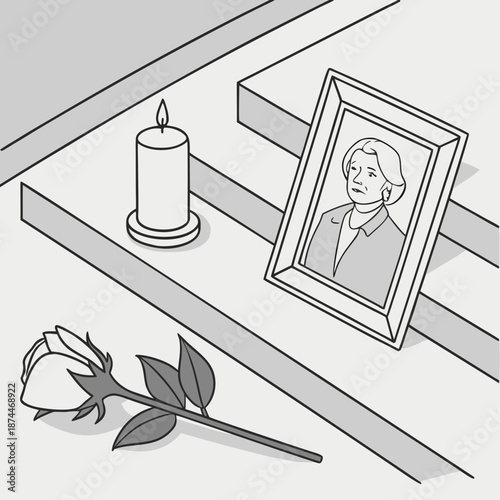Grayscale memorial with candle and rose remembrance