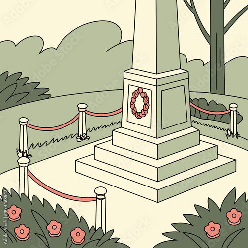 Memorial monument with wreath and rope barrier in garden