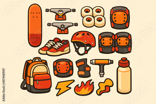 Cartoon skateboard equipment set with helmet, pads, and accessories