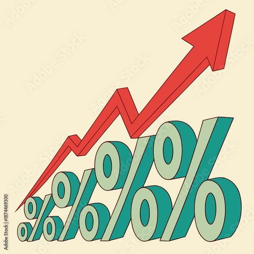Upward trend graph with percent signs and red arrow