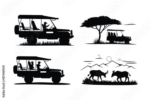 African safari silhouettes with jeep tourists animals and landscape