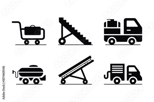 Airport ground support equipment icons with luggage and service trucks