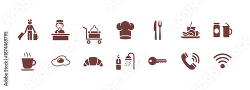 Hotel services represented by solid icons. This collection includes icons for service, receptionist, food, and breakfast. Vector illustration for use in website design, logos, apps, templates, UI