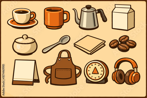 Coffee shop essentials: mugs, pot, milk, sugar, beans, apron, timer, headphones