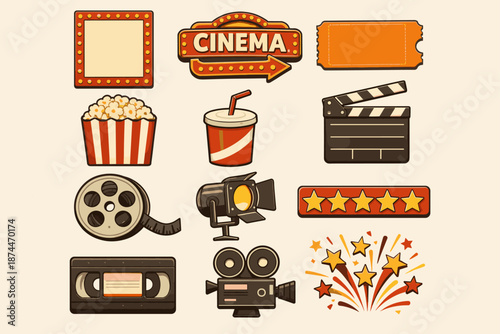Cinema icons collection featuring popcorn, film reel, and clapperboard