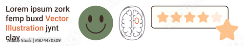 Feedback systems, mental health, neuroscience, user experience, ratings, self-evaluation. Green happy face, brain diagram five-star rating. Feedback systems and mental health concept