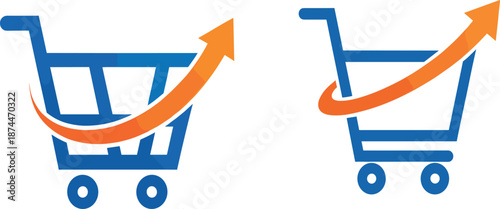 Blue shopping cart logos with a rising orange arrow representing e-commerce growth