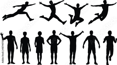 Collection of Male and Female Silhouettes in Various Poses and Actions Keywords: silhouette, people, man, woman, jumping