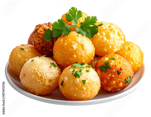  Assorted Pani Puri Plate with Garnish, Three-Quarter Angle Presentation, isolated on transparent background